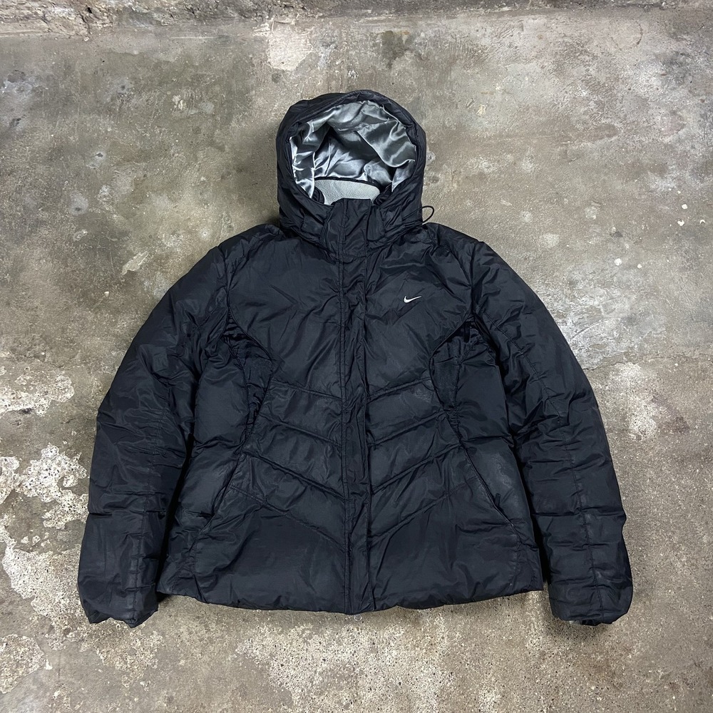 Vintage Y2K Nike Down Puffer Jacket Women's Size XL Black Full Zip Hood Swoosh